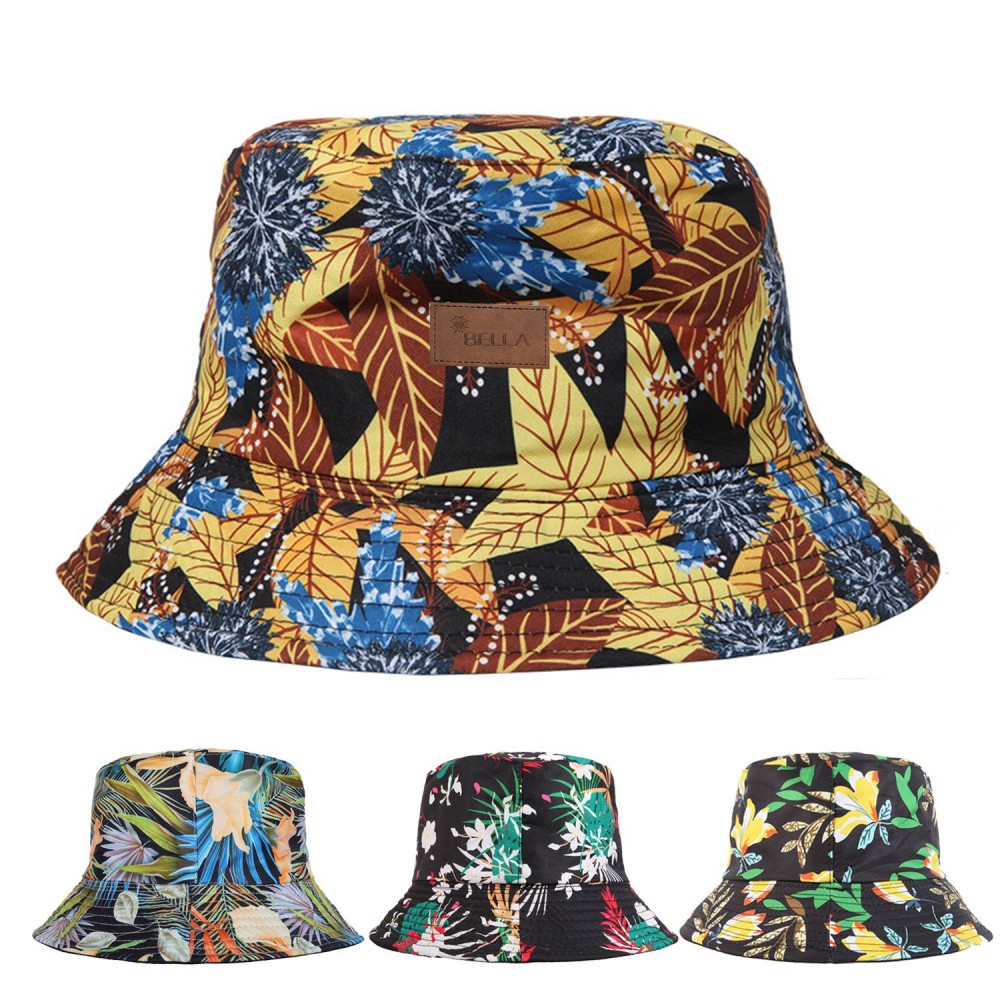 Customized Polyester Bucket hat with tropical foliage pattern Customized Polyester Bucket hat with tropical foliage pattern