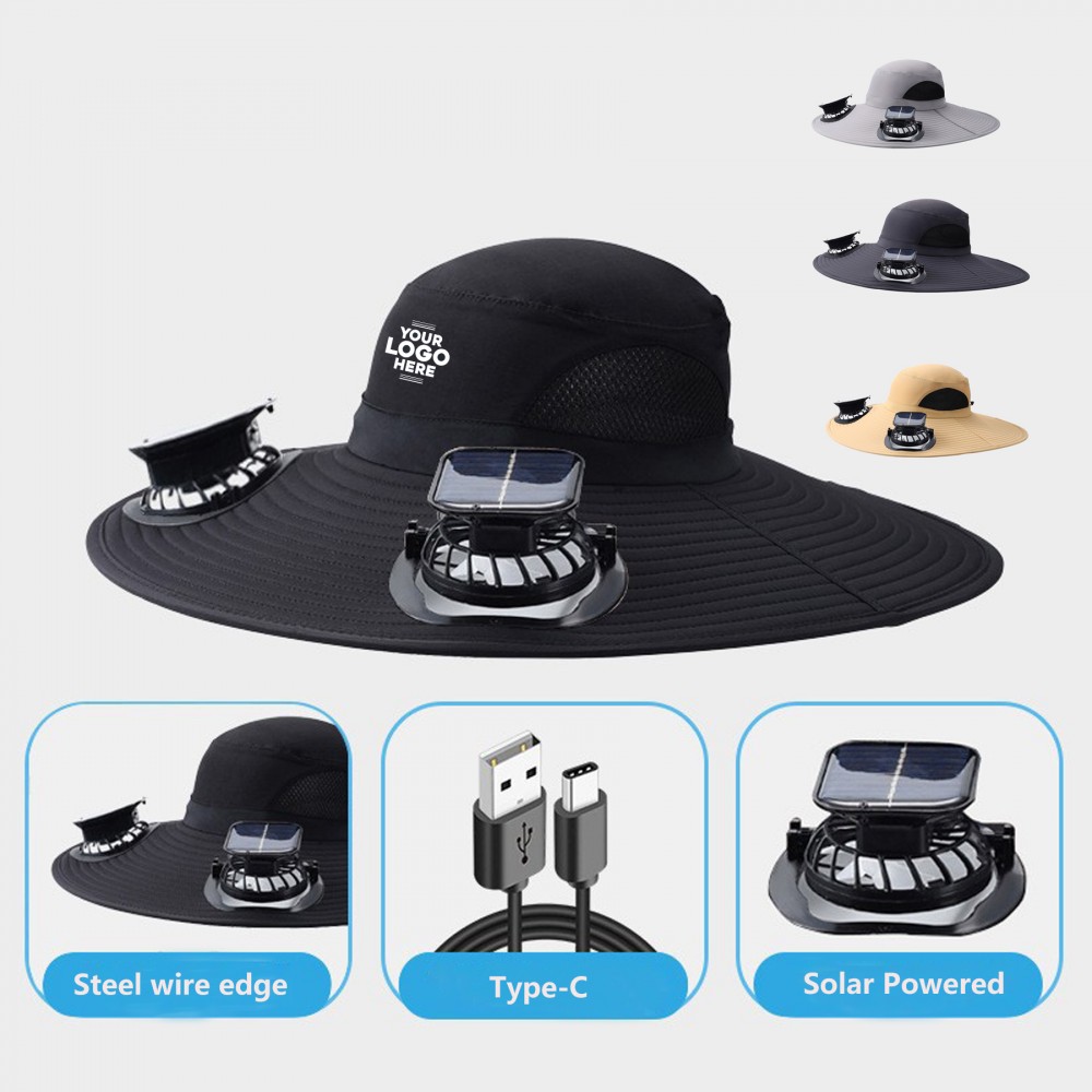 Wide Brim Sun Hats with 2 Solar Fan Bucket Hat with Logo Wide Brim Sun Hats with 2 Solar Fan Bucket Hat with Logo