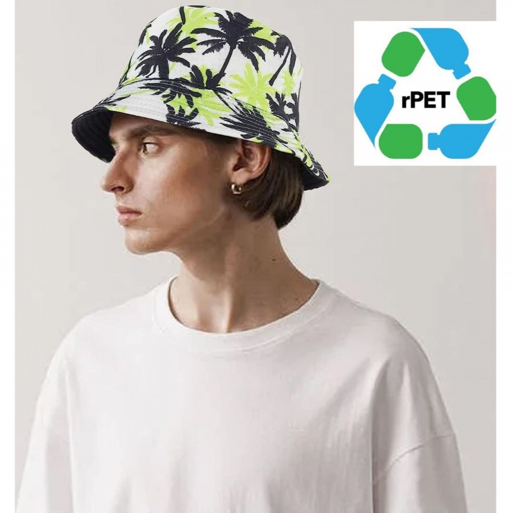 Embroidered rPET Recycled 100% Polyester Sublimation Bucket Hat W/ Adjustable Drawstring