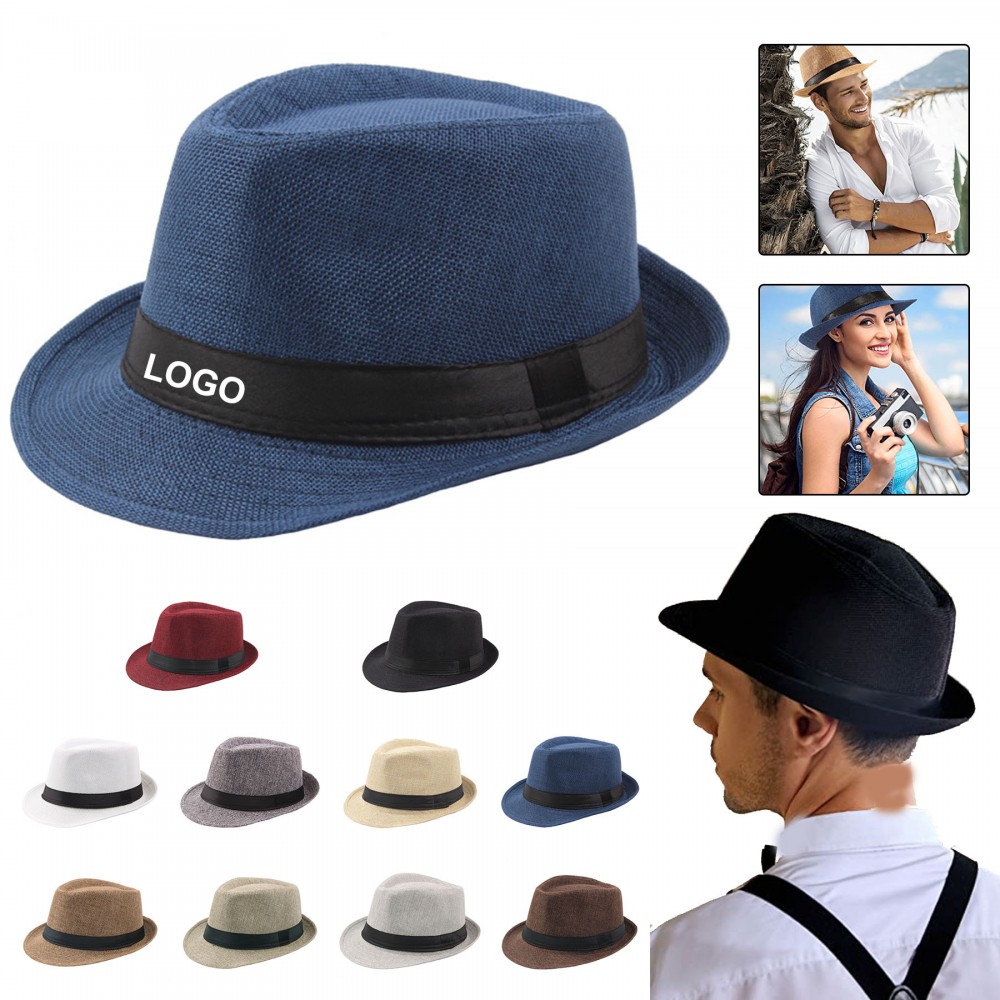 Straw Fedora Hat Panama Trilby Sun Cap with Logo