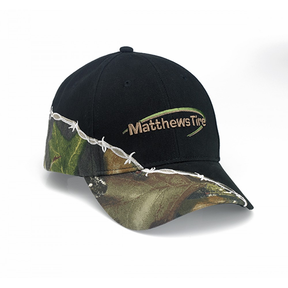 6 panel cap, Barbed Wire trim detail, design your own! Logo Embroidered