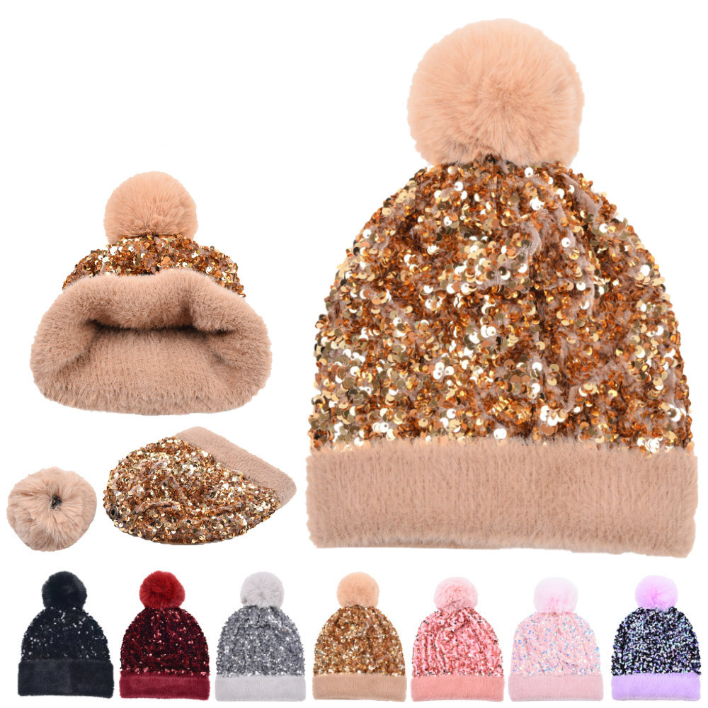 Warmth Hairball Ornament Detachable With Sequin Knitted Hats with Logo