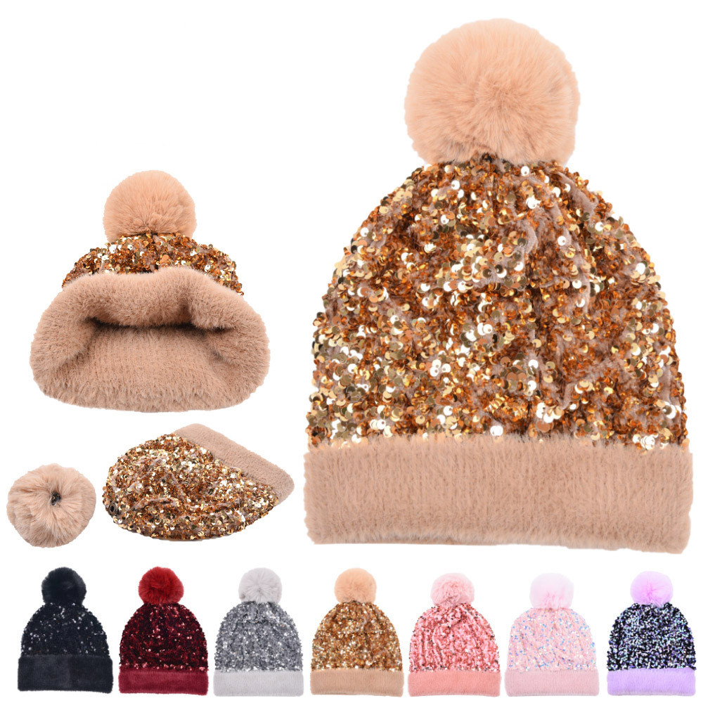 Warmth Hairball Ornament Detachable With Sequin Knitted Hats with Logo Warmth Hairball Ornament Detachable With Sequin Knitted Hats with Logo