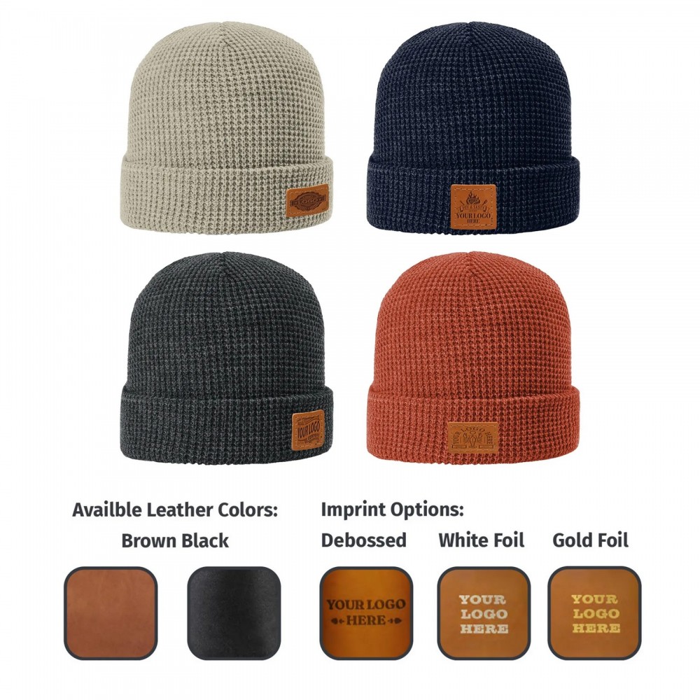 Full-Grain Leather Patch Beanie | Richardson 146 | Choose Patch Shape and Location| Choose Color with Logo