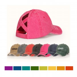 Washed Denim Ponytail Baseball Cap with Logo  Washed Denim Ponytail Baseball Cap with Logo