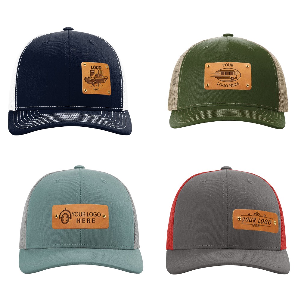 Genuine Leather Riveted Patches on Hats | Richardson 112 Trucker Meshback | with Logo