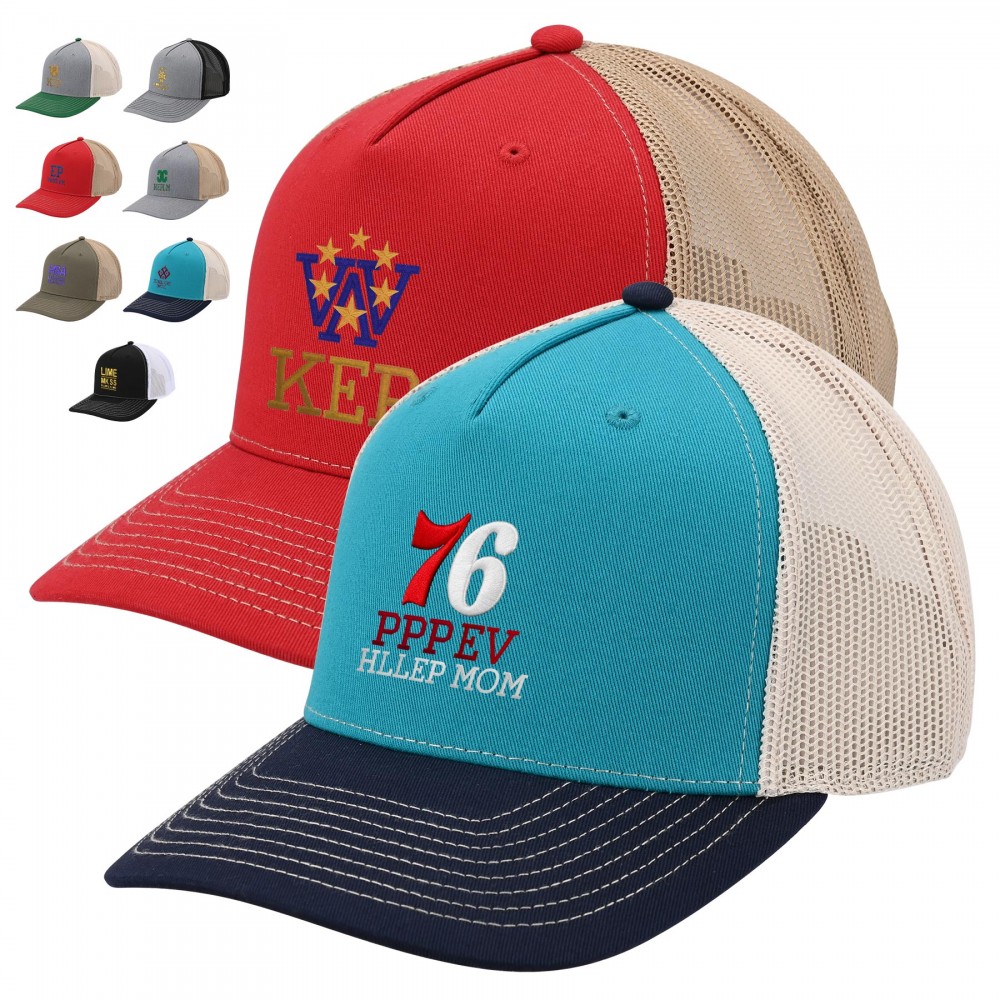 Customized Premium 5-Panel Trucker Cap With Mesh Back & Plastic Snapback Closure