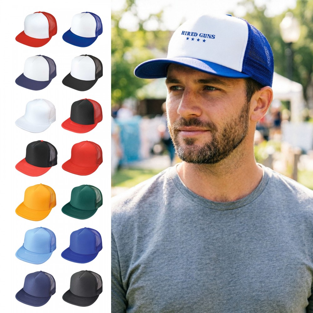 Personalized Flat Bill 5-Panel Poly-Foam Mesh Back Snapback Cap