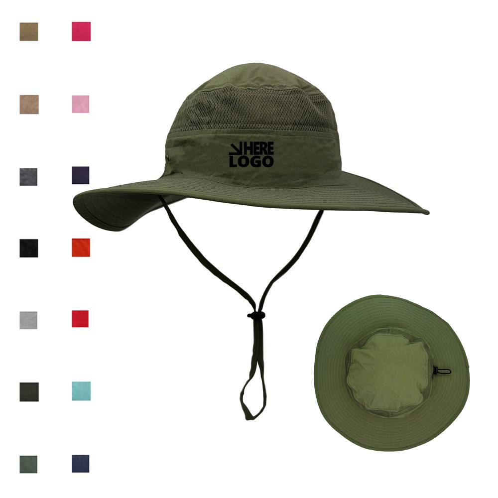 Logo Printed Nylon Fishing Mesh Hat Wide Brim with Neck Flap MOQ50 -   | Western Hats