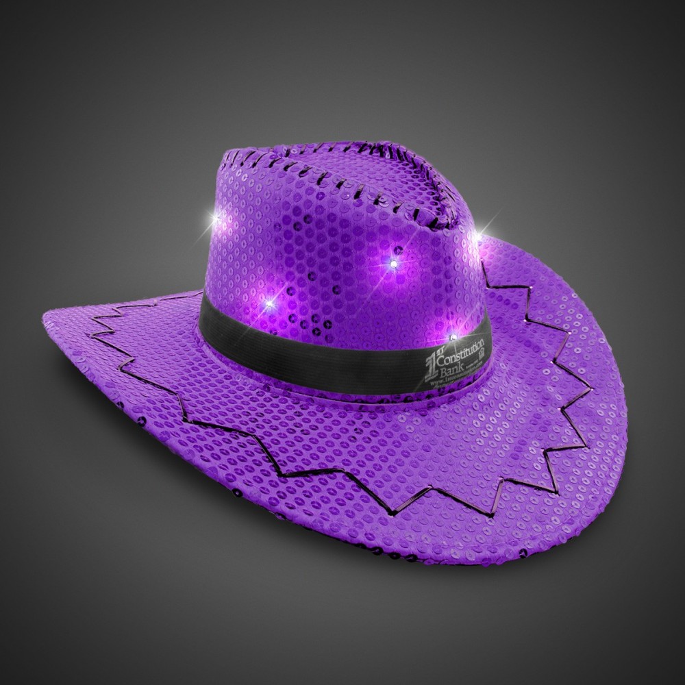 Branded Purple Sequin LED Cowboy Hat w/Silk Screened Black Band