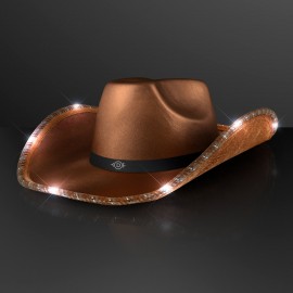 Branded Brown Shimmer Light Up Shiny Cowboy Hat with Black Band - Domestic Print