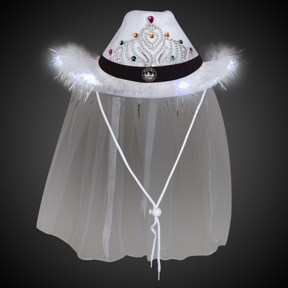 Custom White Light Up Tiara Cowboy Hat with Veil(with black imprintable band)