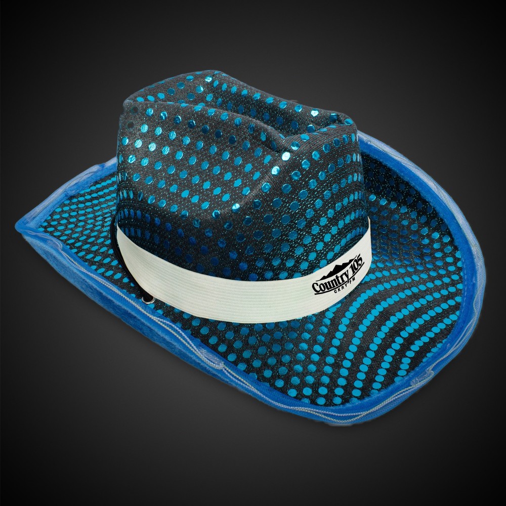 Promotional Teal Sequin LED Cowboy Hat(White Imprinted Band)