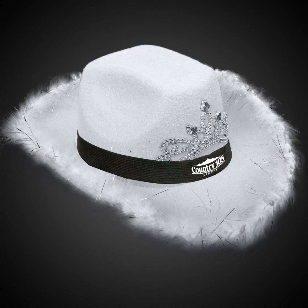 Logo Printed White Light Up Cowboy Hat w/ Tiara and Feather(Black Imprinted Band)