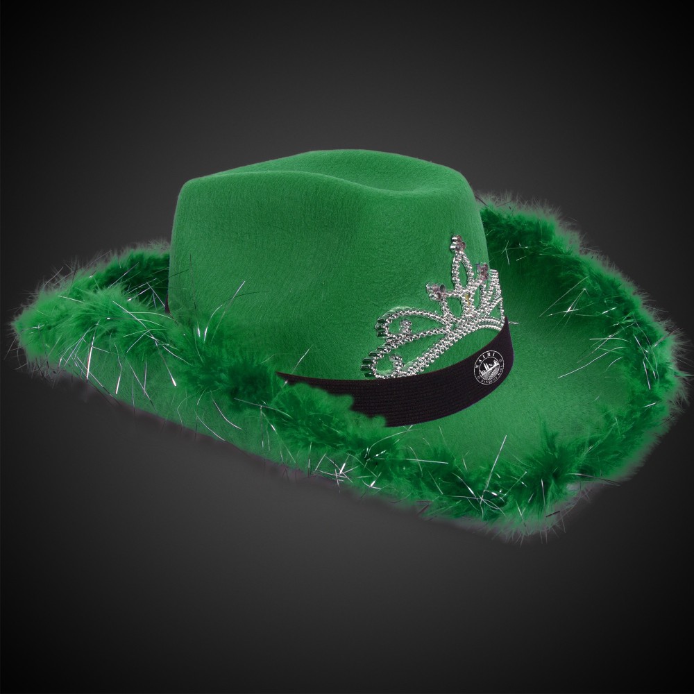 Custom Green Light Up Cowboy Hat w/ Tiara and Feather(Black Imprinted Band)