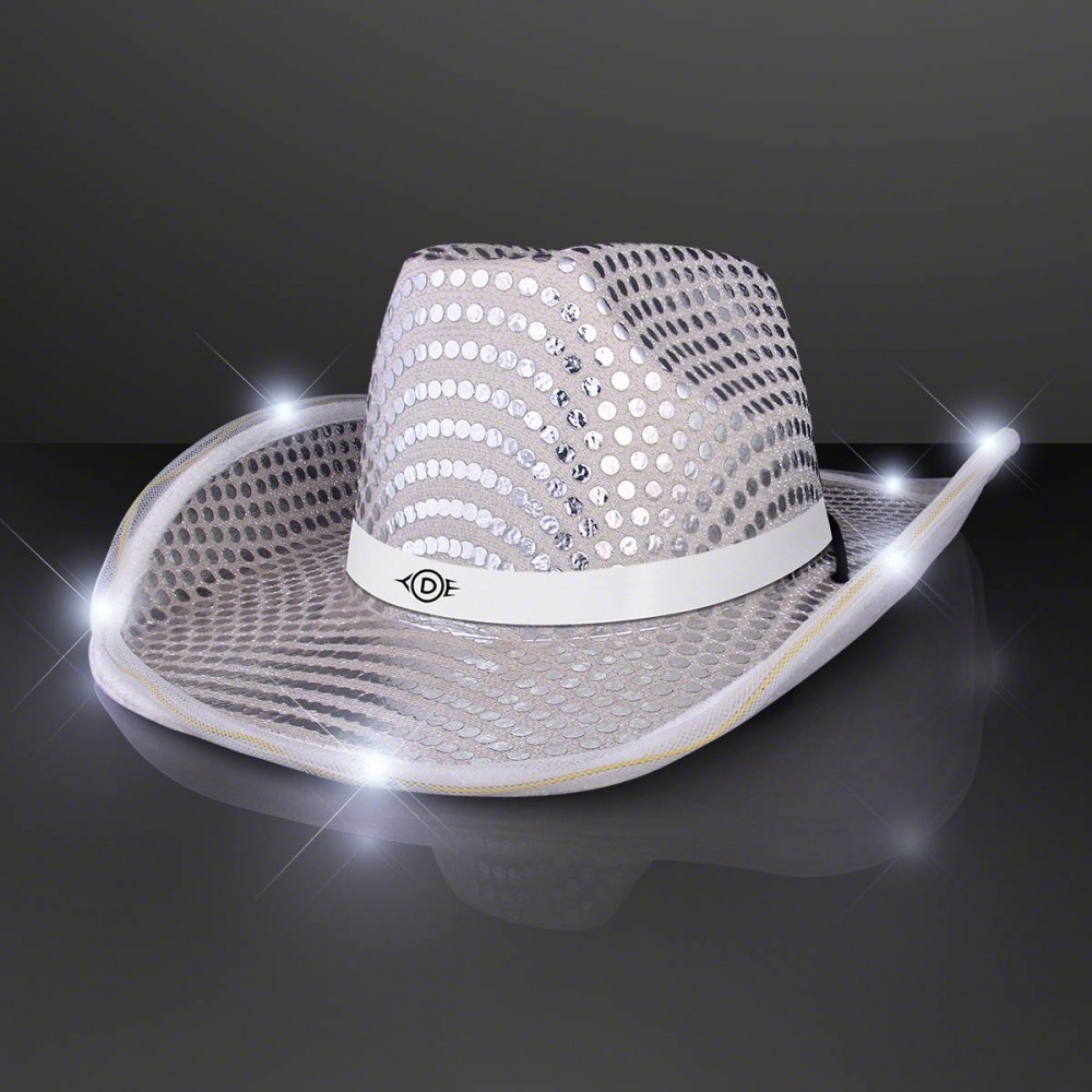 Branded Silver Sequin Cowboy Hat with White Band - Domestic Print