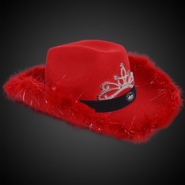 Custom Red Light Up Cowboy Hat w/ Tiara and Feather(Black Imprinted Band)