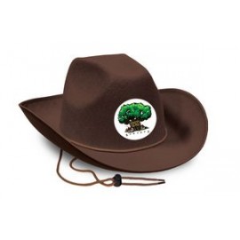 Branded Brown Felt Cowboy Hat w/ Custom Shaped Faux Leather Icon  Branded Brown Felt Cowboy Hat w/ Custom Shaped Faux Leather Icon