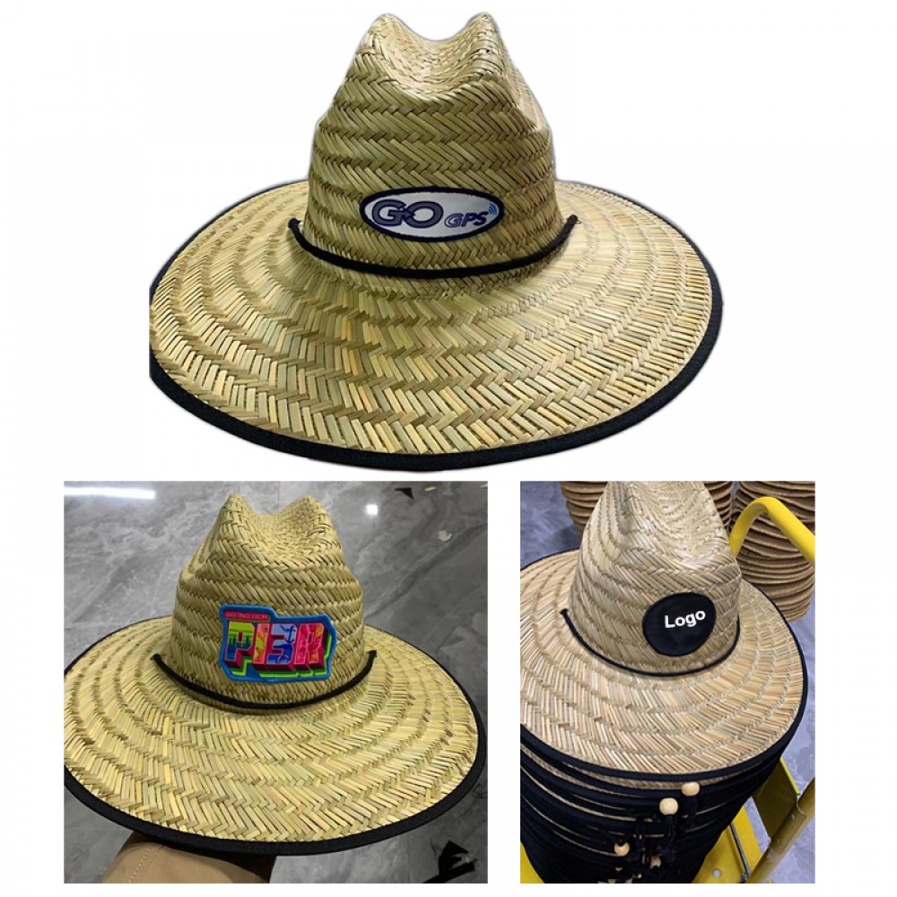 Logo Printed Natural Straw Lifeguard Hat With Sliding Cord Lock & Custom Patch