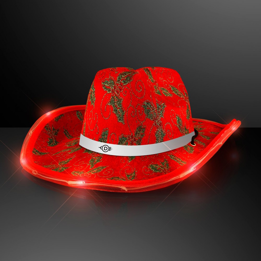 Branded Christmas Cowboy Hat, Holly & Lights with White Band - Domestic Print