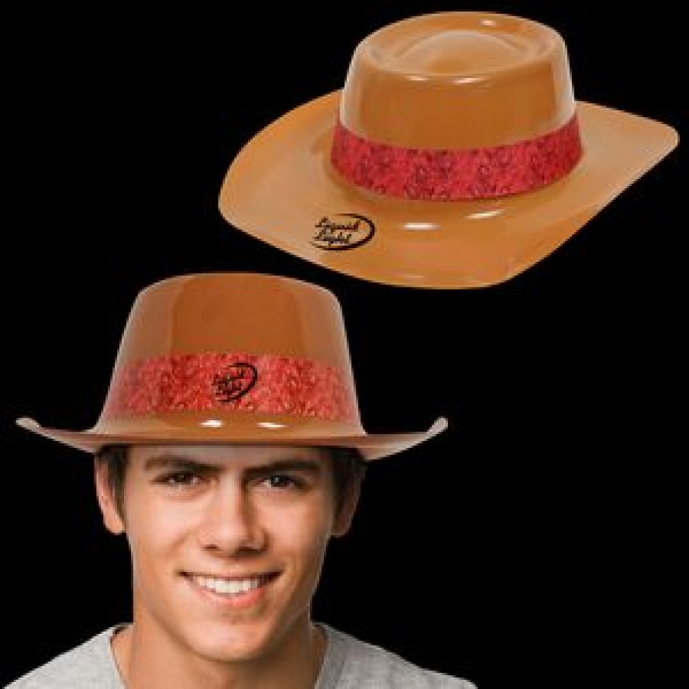 Customized Brown Plastic Cowboy Hat with Red Paisley Band Customized Brown Plastic Cowboy Hat with Red Paisley Band
