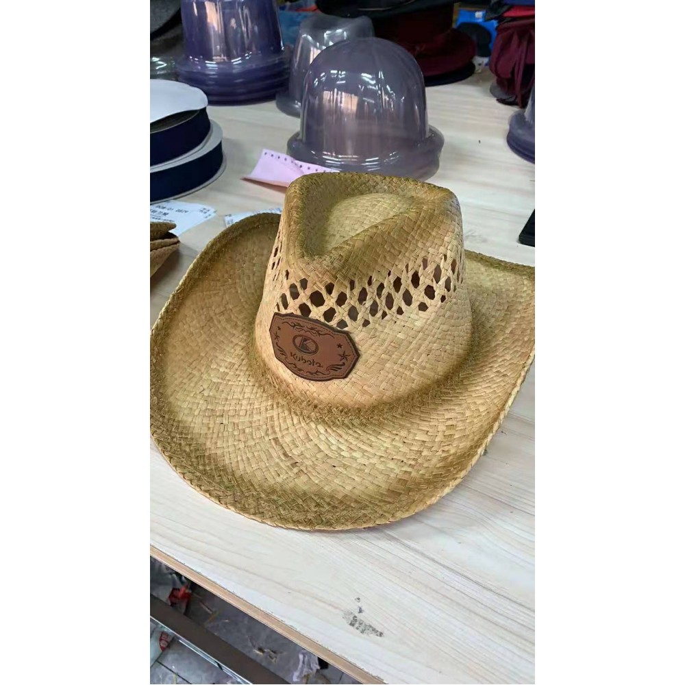 Custom Natural Raffia Hat With Sliding Cord Lock & Custom Patch