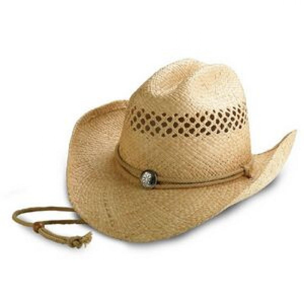 Raffia Straw Cowboy Hat w/ Outback Shape & Chin Cord Custom Imprinted Raffia Straw Cowboy Hat w/ Outback Shape & Chin Cord Custom Imprinted