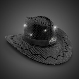 Branded Black Sequin LED Cowboy Hat w/Silk Screened Black Band