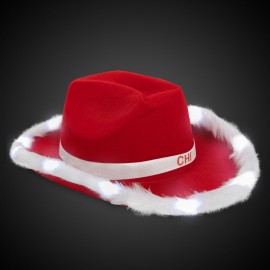 Promotional Red Santa Light Up Cowboy Hat with White Marabou Trim(White Imprinted Band)
