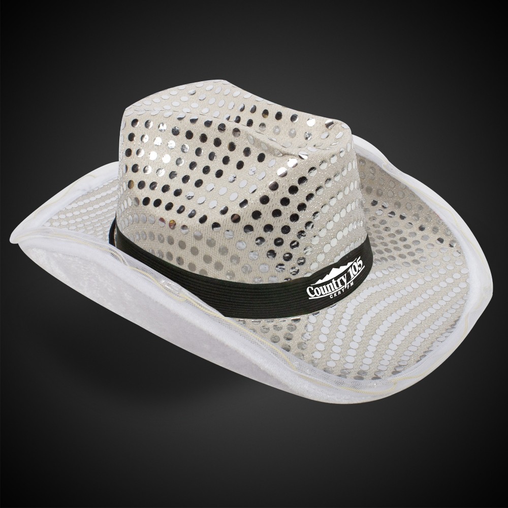 Custom WHITE SEQUIN LED COWBOY HAT(Black Imprinted Band)