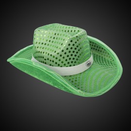 Custom Green Light Up Sequin Cowboy Hat(White Imprinted Band)  Custom Green Light Up Sequin Cowboy Hat(White Imprinted Band)