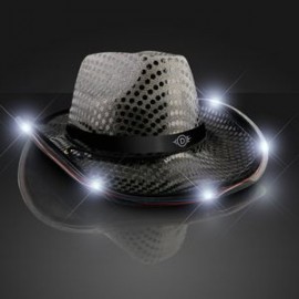 Logo Printed Black Sequin Cowboy Hat w/White LED Brim