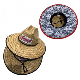 Custom Hollow Straw Lifeguard Hat W/ Sliding Cord Lock & Custom Patch Under Brim