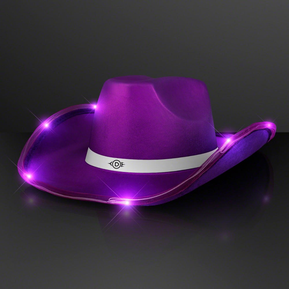 Personalized Shiny Light Up Purple Cowboy Hat w/ White Band - Domestic Print