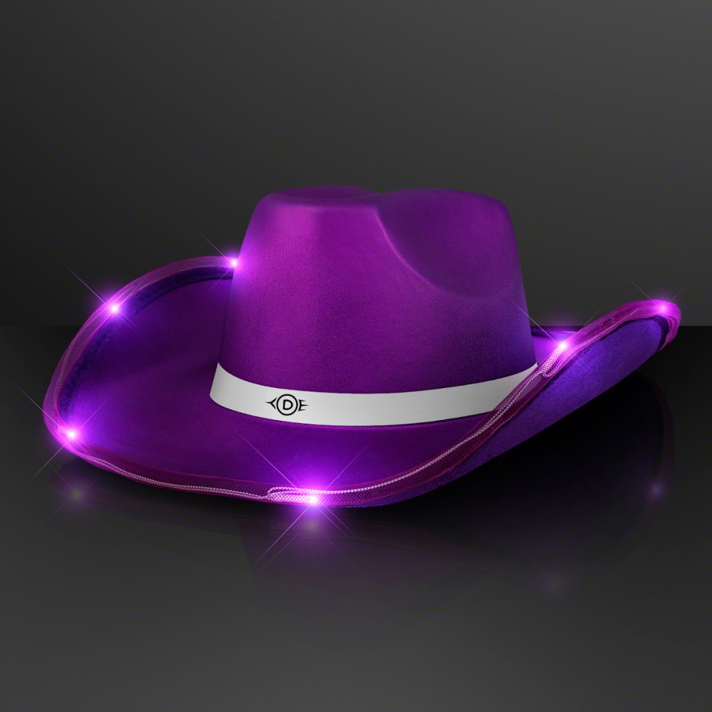 Personalized Shiny Light Up Purple Cowboy Hat w/ White Band - Domestic Print Personalized Shiny Light Up Purple Cowboy Hat w/ White Band - Domestic Print