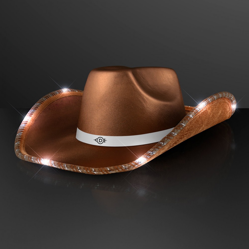 Custom Brown Shimmer Light Up Shiny Cowboy Hat with White Band - Domestic Print
