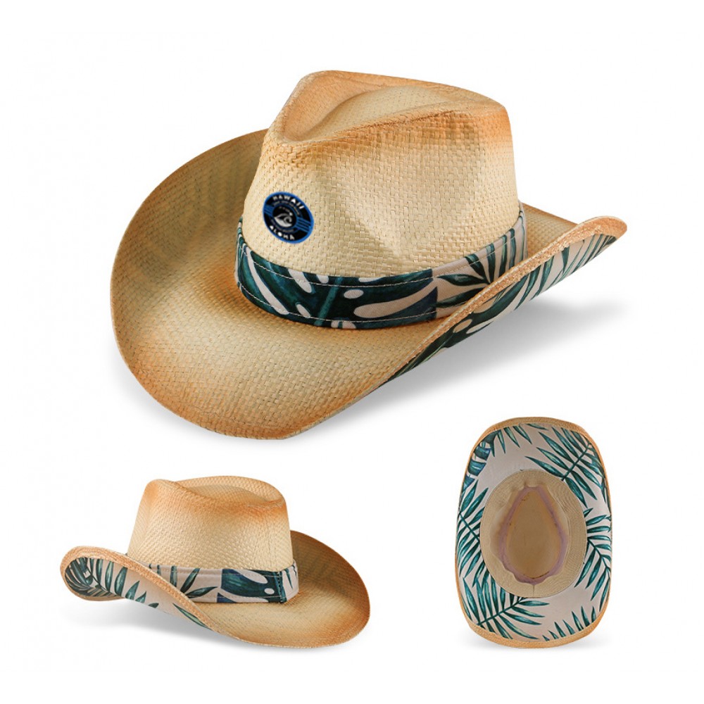 Logo Printed Straw Round Up Cowboy Hat w/Custom Ribbon & Patch Logo Printed Straw Round Up Cowboy Hat w/Custom Ribbon & Patch