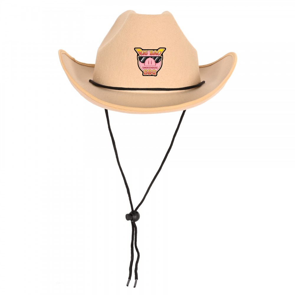 Custom Tan Felt Cowboy Hats w/ Adjustable Chin Strap with a Faux Leather Icon