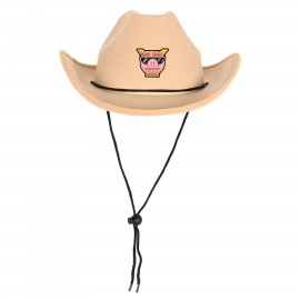 Custom Tan Felt Cowboy Hats w/ Adjustable Chin Strap with a Faux Leather Icon