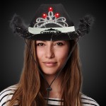 Logo Printed Black Light Up Cowboy Hat w/ Tiara and Feather(White Imprinted Band)