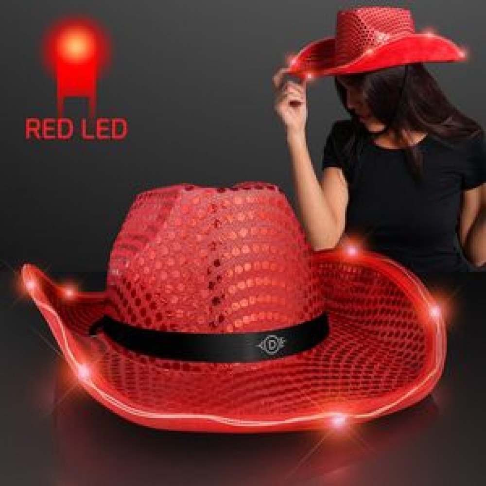 Branded Red LED Sequin Cowboy Hat with Black Band - Domestic Print