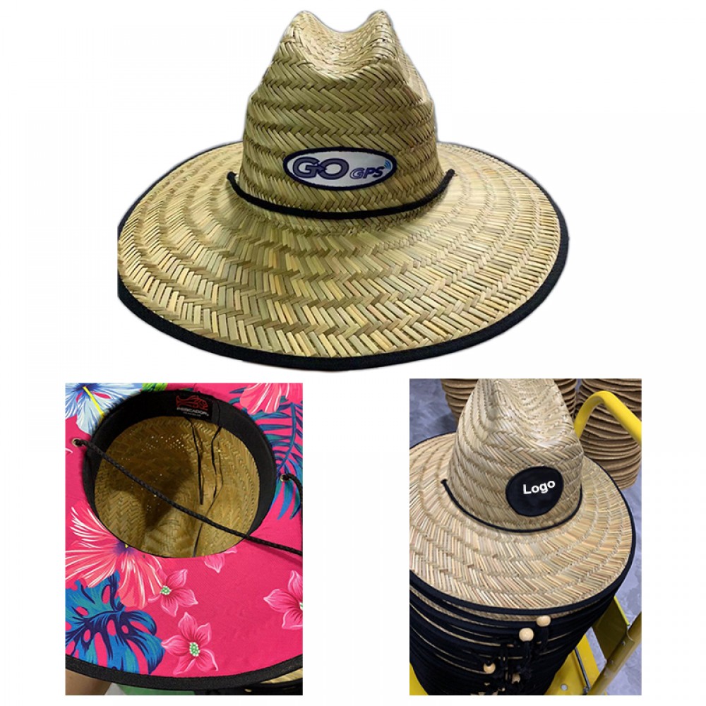 Logo Printed Natural Straw Lifeguard Hat with Custom Patch & Under Brim