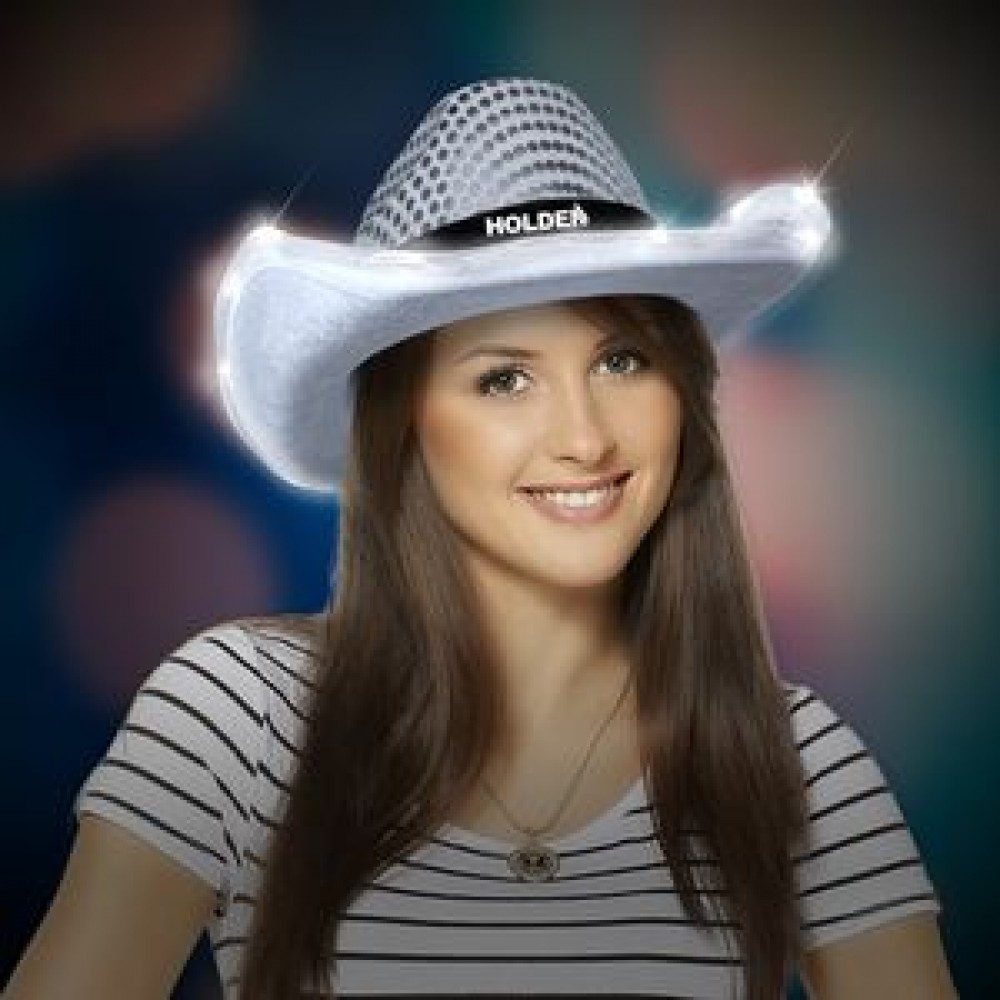 Personalized Sequin LED Cowboy Hat w/Silk Screened Black Band