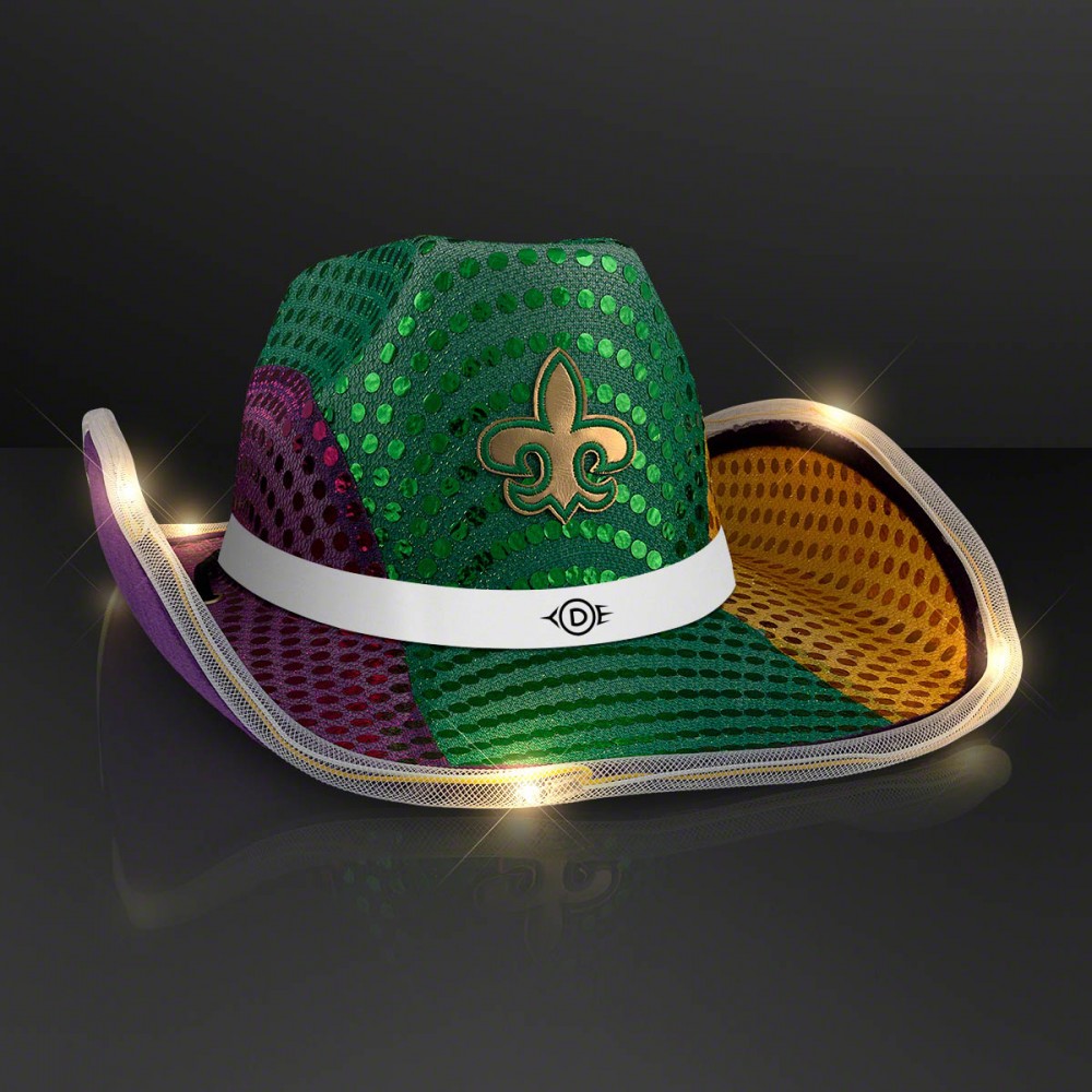 Promotional Light Up Mardi Gras Cowboy Hat with White Band - Domestic Print