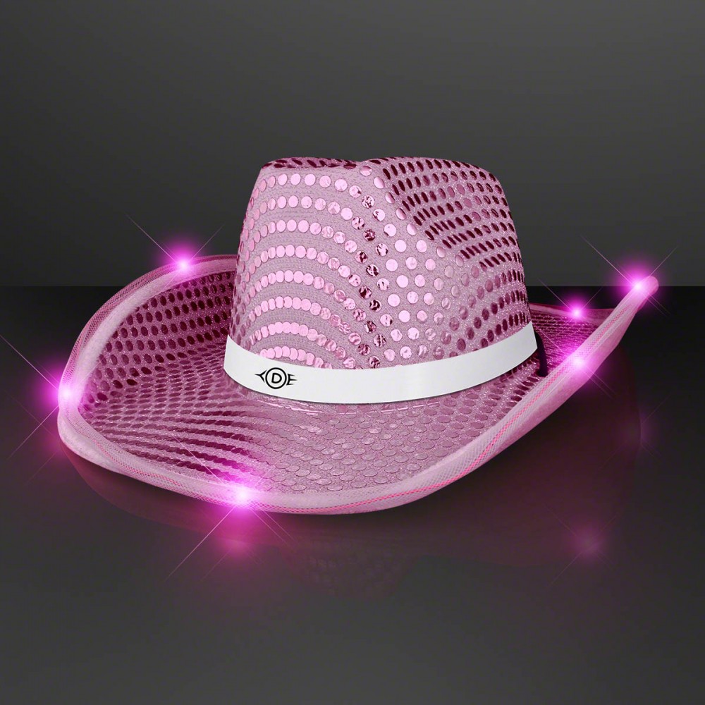 Logo Printed Pink Sequin Cowboy Hats with White Band - Domestic Print