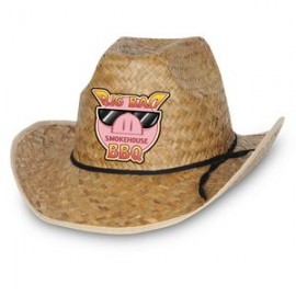 Promotional Hi-Crown Western Hat w/Shoelace Band w/Custom Printed Faux Leather Icon