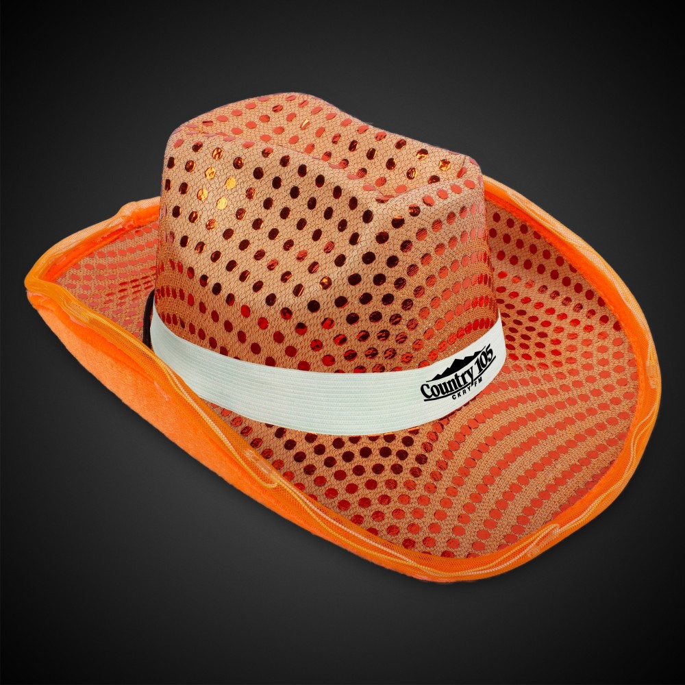 Customized LED Orange Sequin Cowboy Hat(white imprinted band)