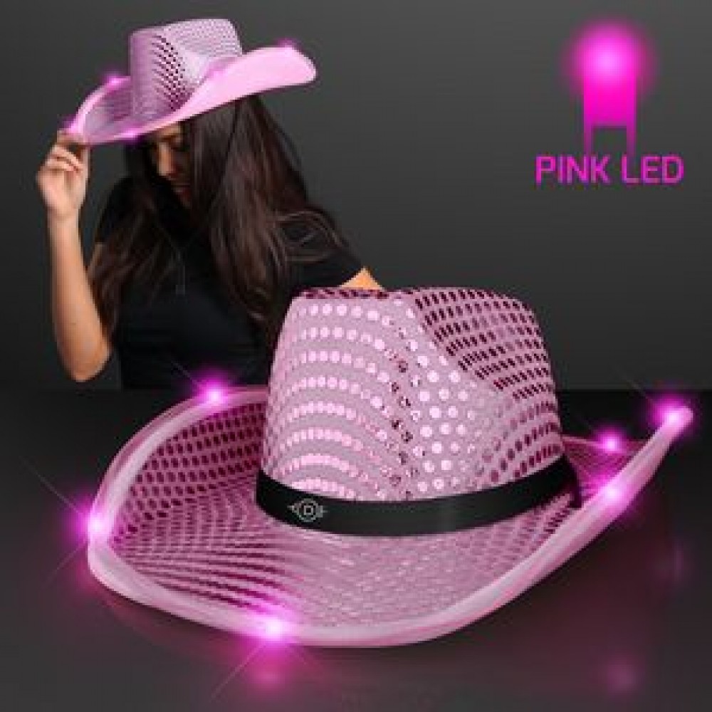 Logo Printed Pink Sequin Cowboy Hats with Black Band - Domestic Print