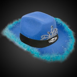 Custom Blue Light Up Cowboy Hat w/ Tiara and Feather(Black Imprinted Band)