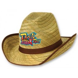 Logo Printed Genuine Cowboy Hat w/Brown Trim & Band w/A Custom Printed Faux Leather Icon